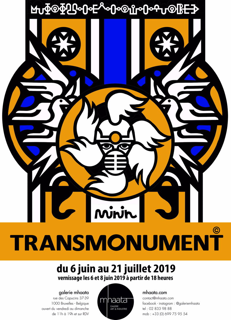 Affiche. Galerie mhaata. Roman Minin. Exposition Transmonument. 2019-06-06